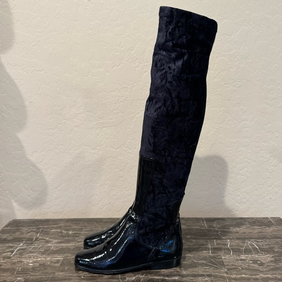 Italian Patent Leather and Velveteen Over The Knee Sock Boots - Picture 8 of 16